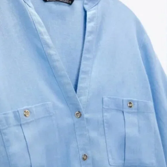 ZARA LINEN BLEND TAB SLEEVE SHIRT (Blue, XS) - Picture 3 of 6